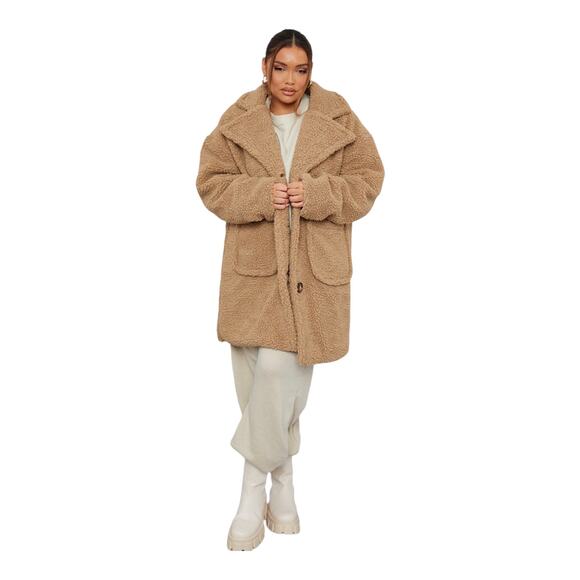 PrettyLittleThing Jackets & Blazers - New PrettyLittleThing Plus Camel Borg Longline Teddy Coat Size 26